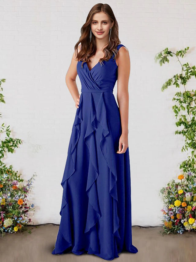 Luolandi A-Line Bridesmaid Dress V Neck Sleeveless Elegant Floor Length Chiffon with Ruffles Pure Color